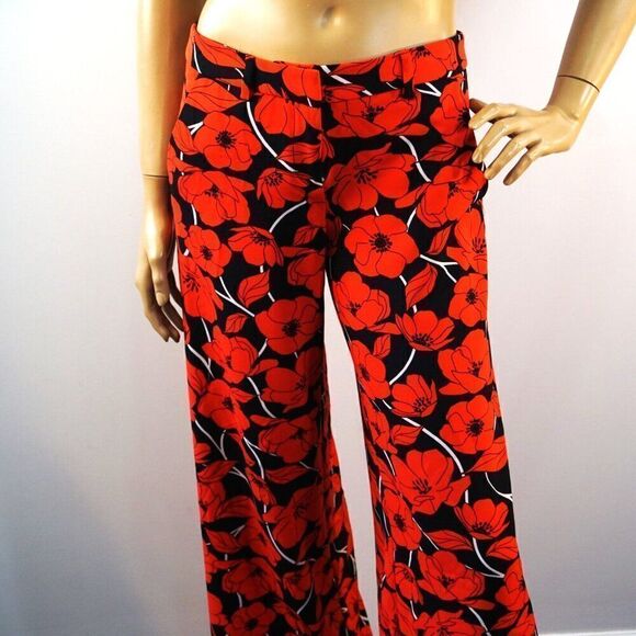 New York & Company Stretch Pants Wide Leg Poppy Flower Black Red Sz 0 Small - Picture 3 of 12